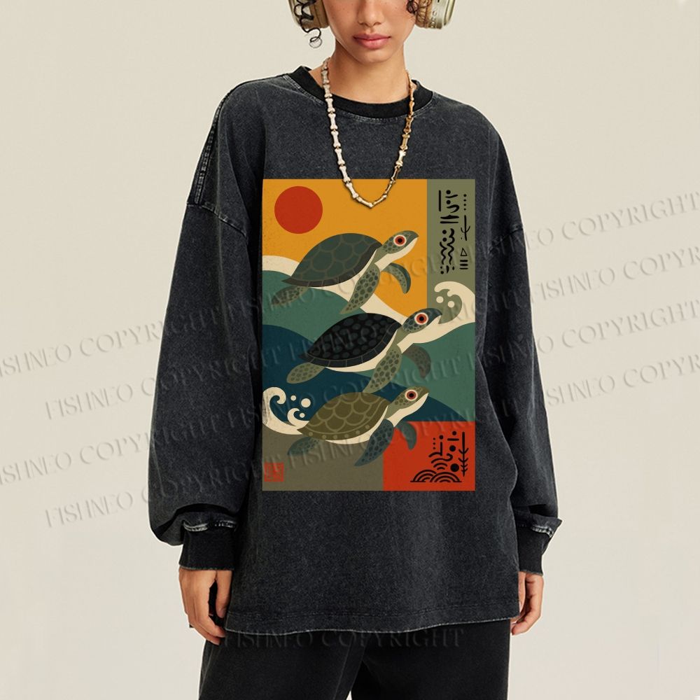 Unisex Casual Washed Sunrise Sea Turtles Printed Long Sleeve T-shirt