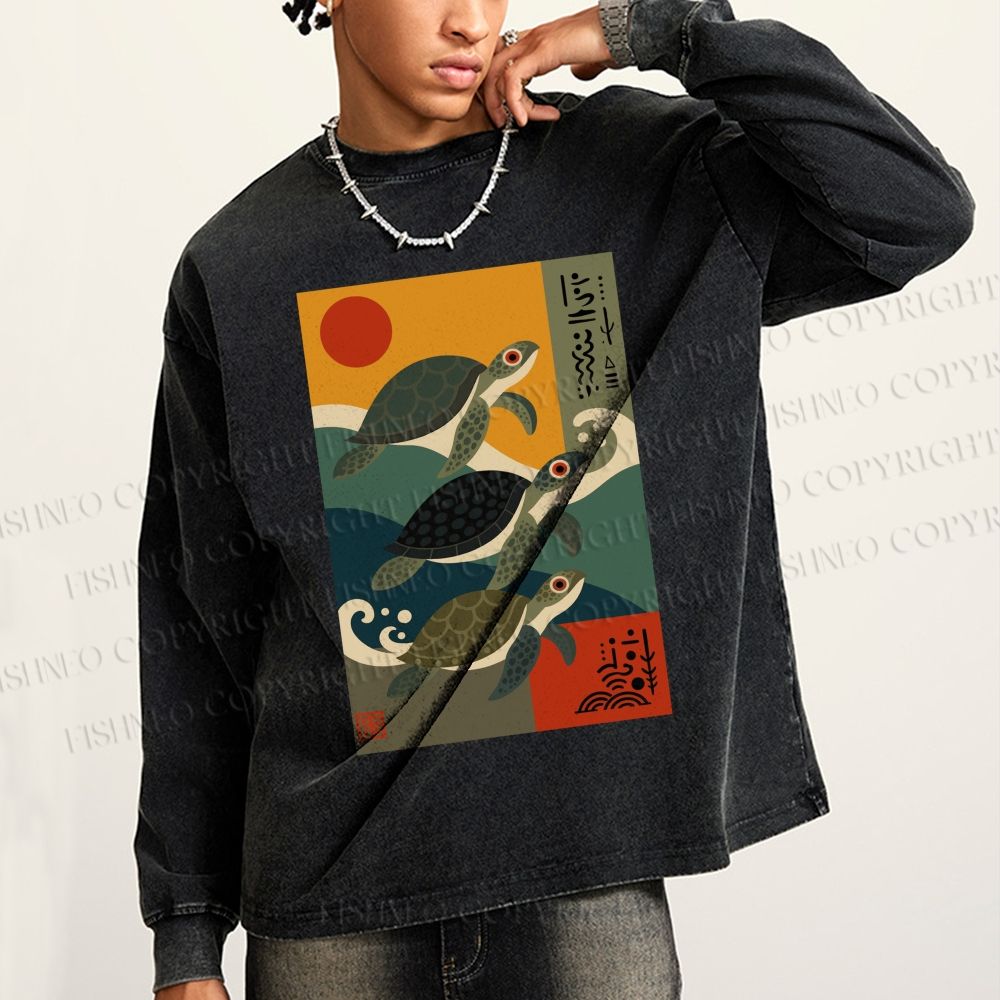 Unisex Casual Washed Sunrise Sea Turtles Printed Long Sleeve T-shirt