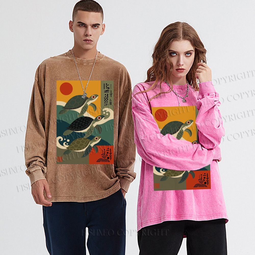 Unisex Casual Washed Sunrise Sea Turtles Printed Long Sleeve T-shirt