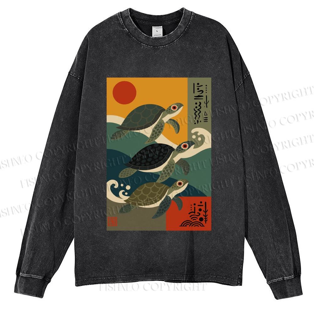 Unisex Casual Washed Sunrise Sea Turtles Printed Long Sleeve T-shirt