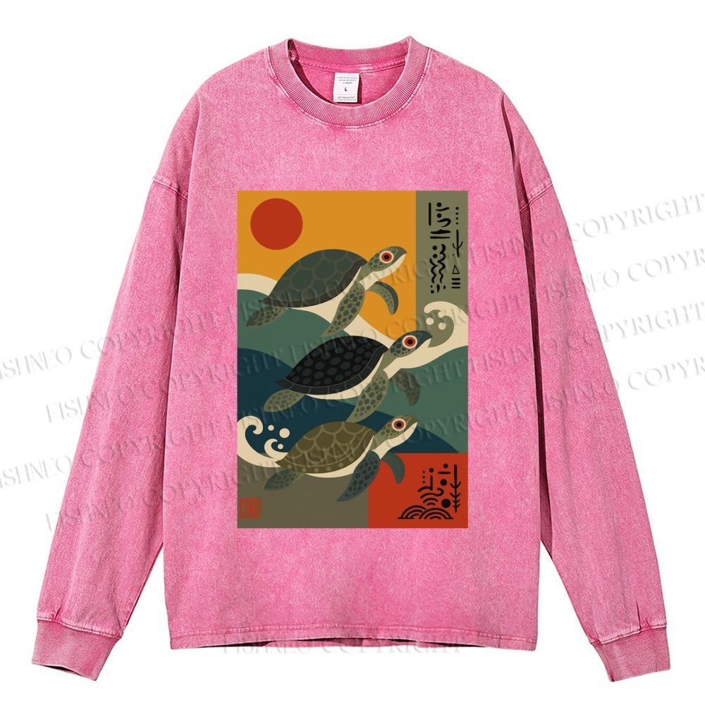 Unisex Casual Washed Sunrise Sea Turtles Printed Long Sleeve T-shirt