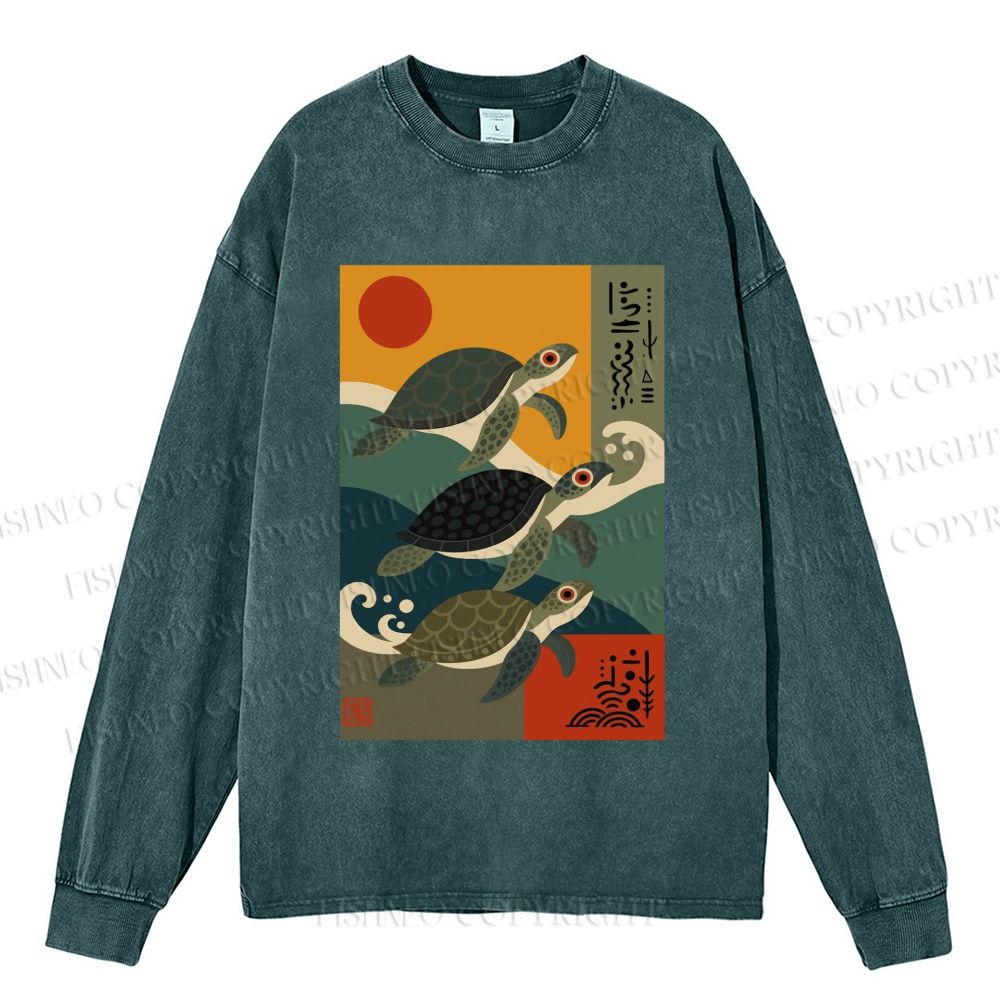 Unisex Casual Washed Sunrise Sea Turtles Printed Long Sleeve T-shirt