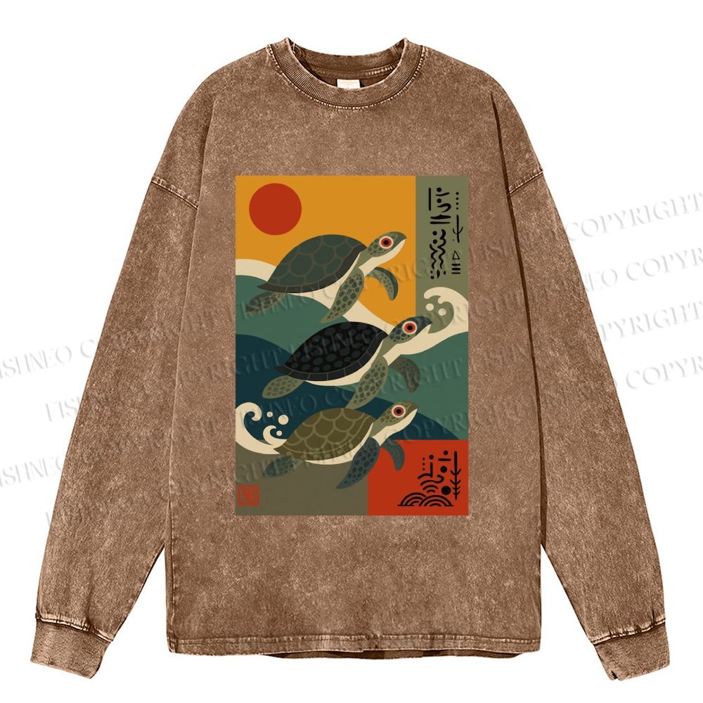 Unisex Casual Washed Sunrise Sea Turtles Printed Long Sleeve T-shirt