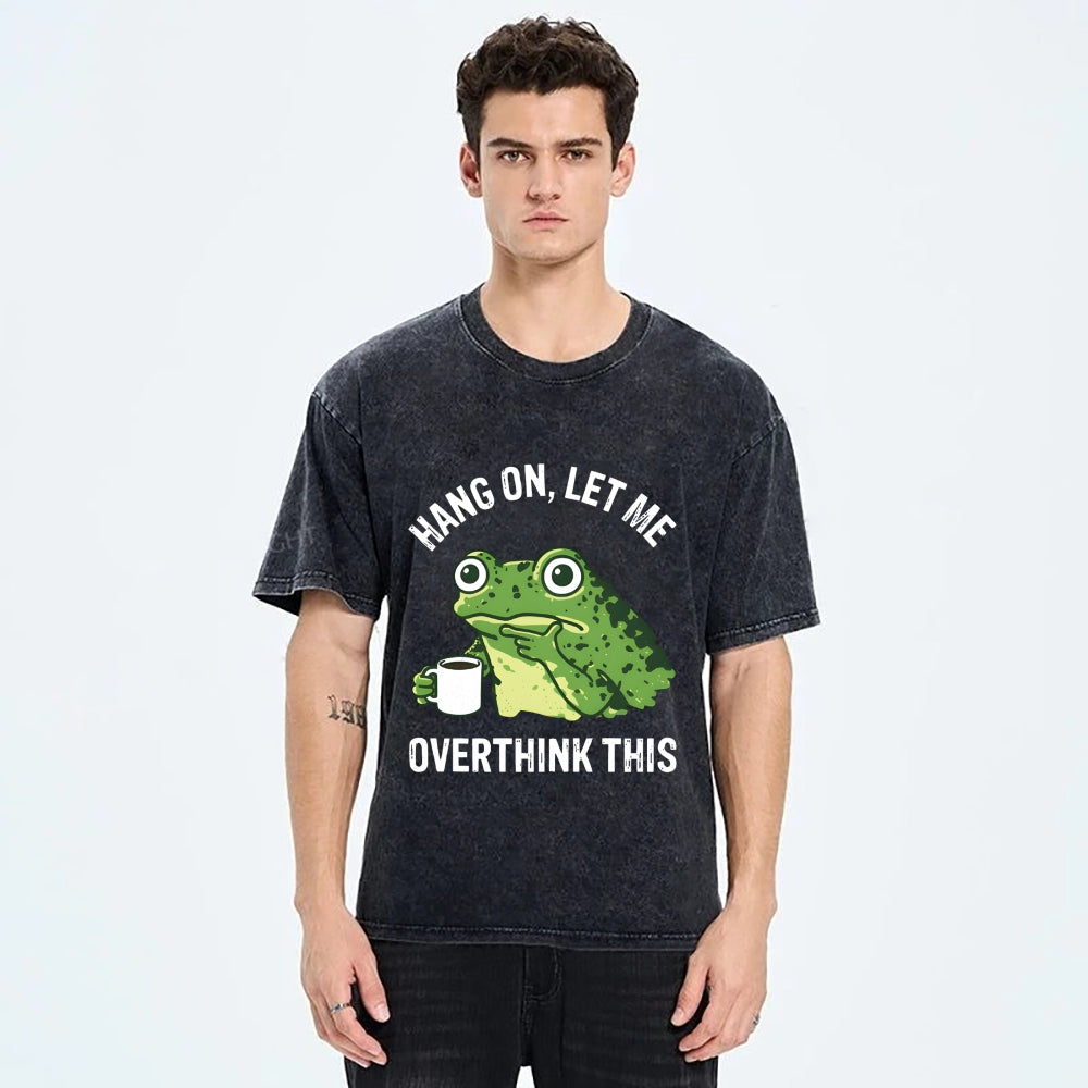 Unisex Overthinking Frog With Coffee Printed Washed Tee