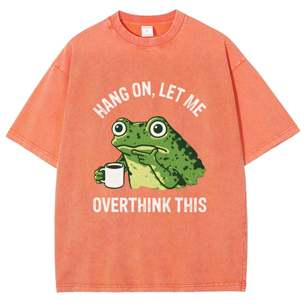 Unisex Overthinking Frog With Coffee Printed Washed Tee