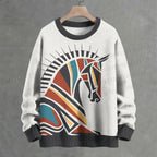 Geometric Color-Block Horse Crew Neck Sweater