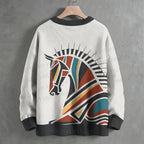 Geometric Color-Block Horse Crew Neck Sweater