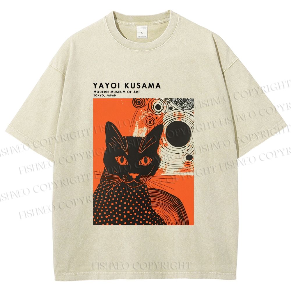 Unisex Yayoi Kusama Cat Printed Washed Tee