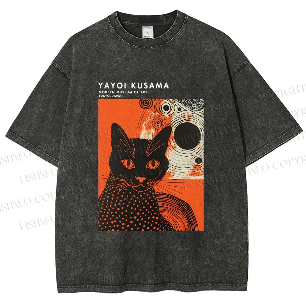 Unisex Yayoi Kusama Cat Printed Washed Tee