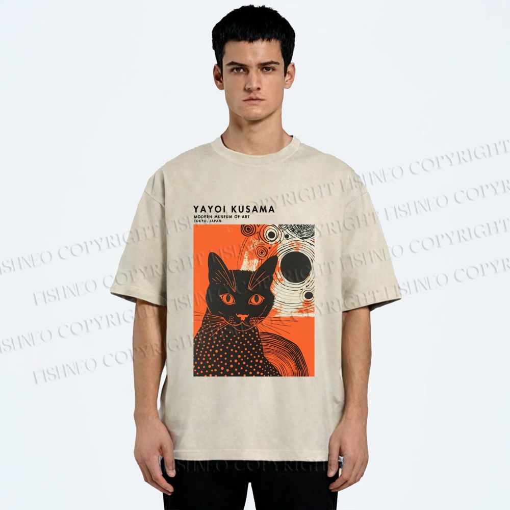 Unisex Yayoi Kusama Cat Printed Washed Tee