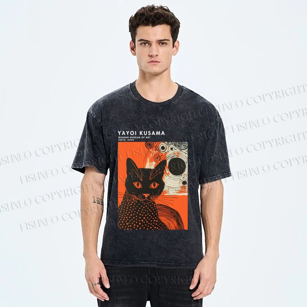 Unisex Yayoi Kusama Cat Printed Washed Tee