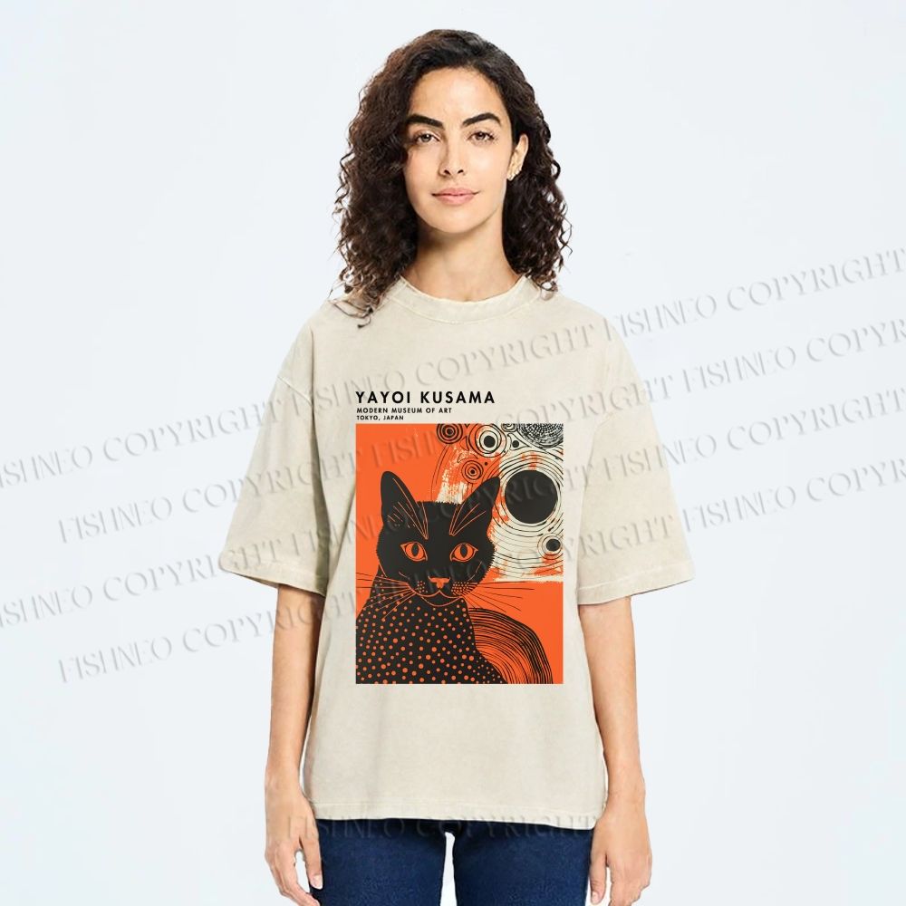 Unisex Yayoi Kusama Cat Printed Washed Tee