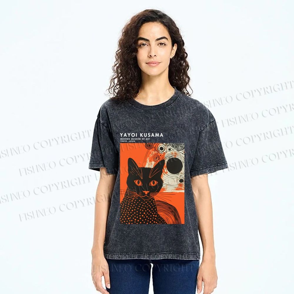 Unisex Yayoi Kusama Cat Printed Washed Tee