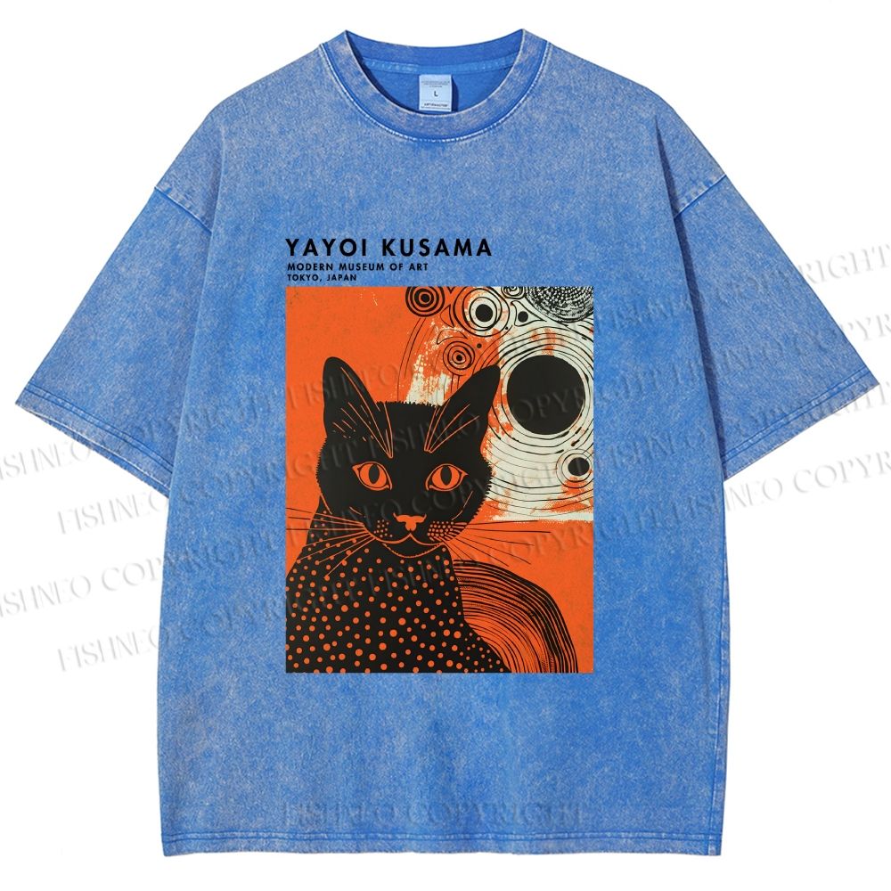 Unisex Yayoi Kusama Cat Printed Washed Tee