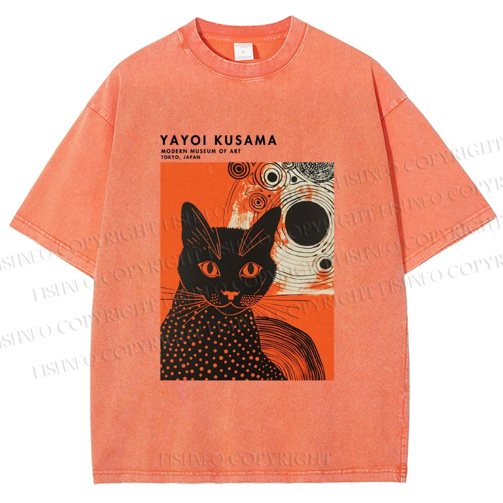 Unisex Yayoi Kusama Cat Printed Washed Tee