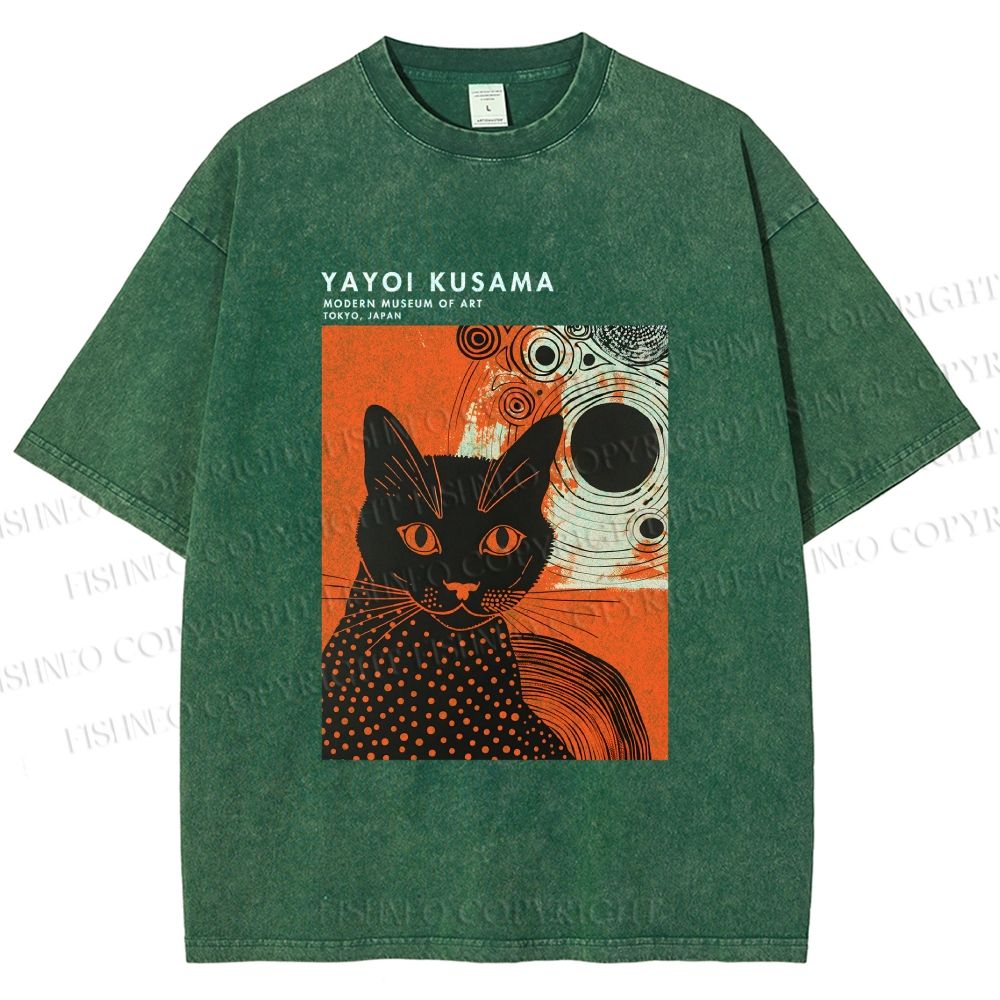 Unisex Yayoi Kusama Cat Printed Washed Tee