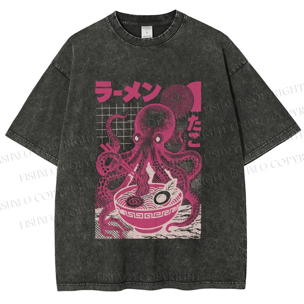 Unisex Octopus Ramen Printed Washed Tee
