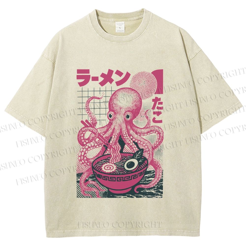 Unisex Octopus Ramen Printed Washed Tee