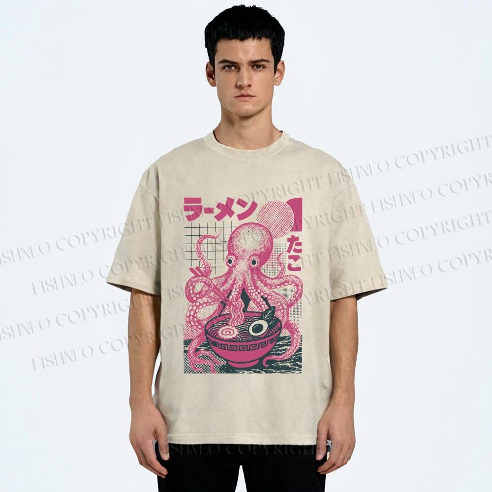 Unisex Octopus Ramen Printed Washed Tee