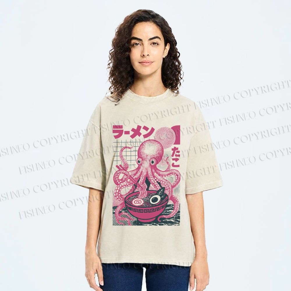 Unisex Octopus Ramen Printed Washed Tee