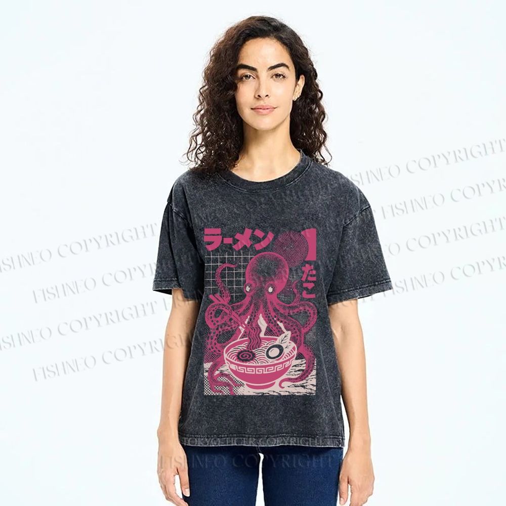Unisex Octopus Ramen Printed Washed Tee