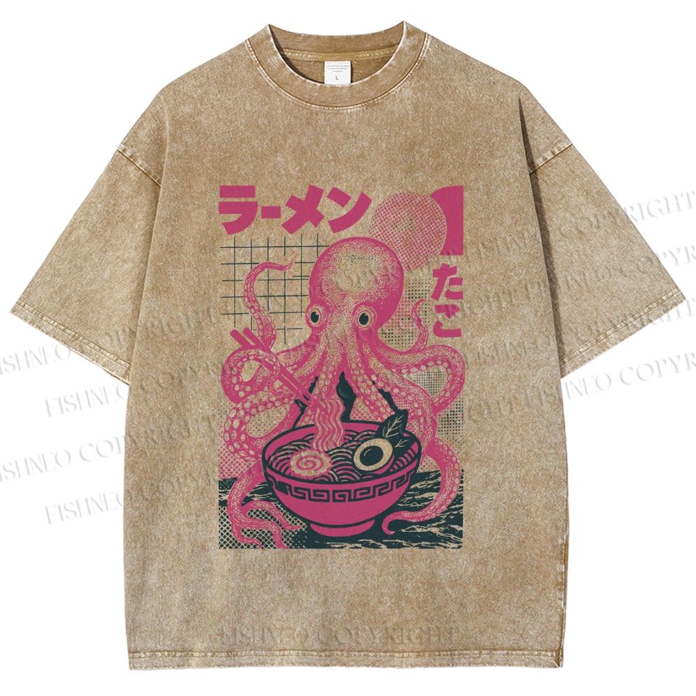 Unisex Octopus Ramen Printed Washed Tee