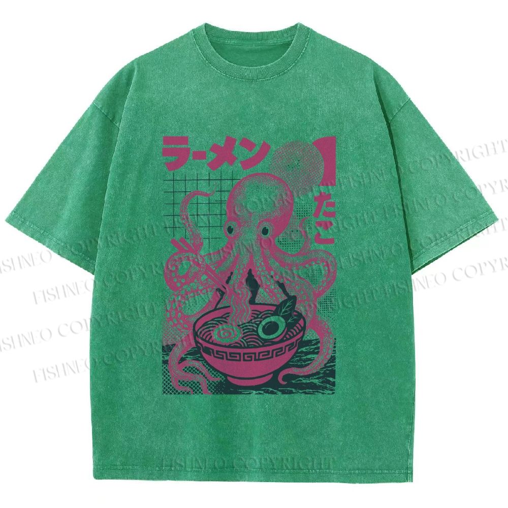 Unisex Octopus Ramen Printed Washed Tee
