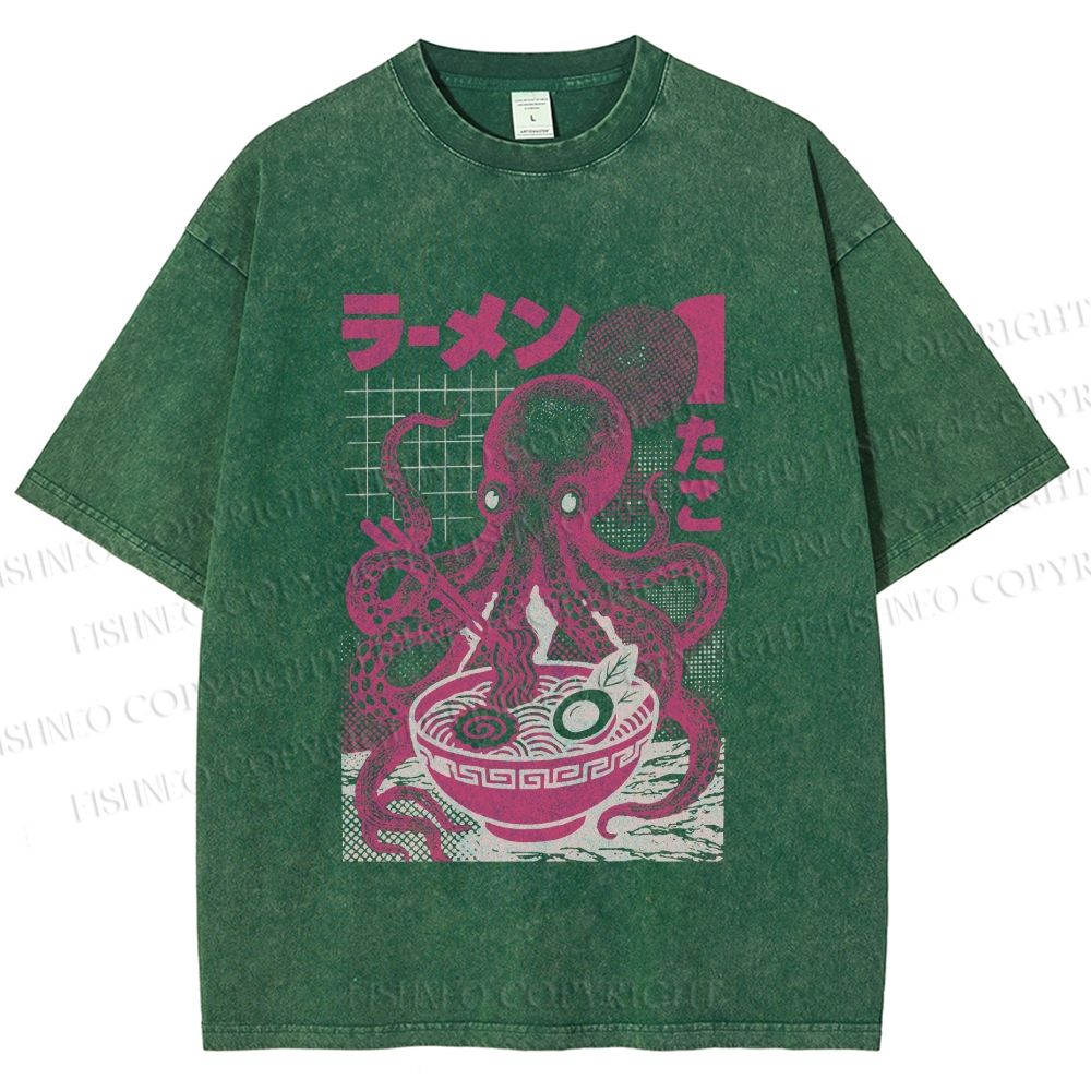 Unisex Octopus Ramen Printed Washed Tee