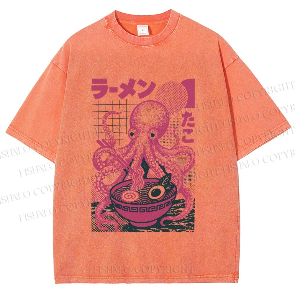 Unisex Octopus Ramen Printed Washed Tee