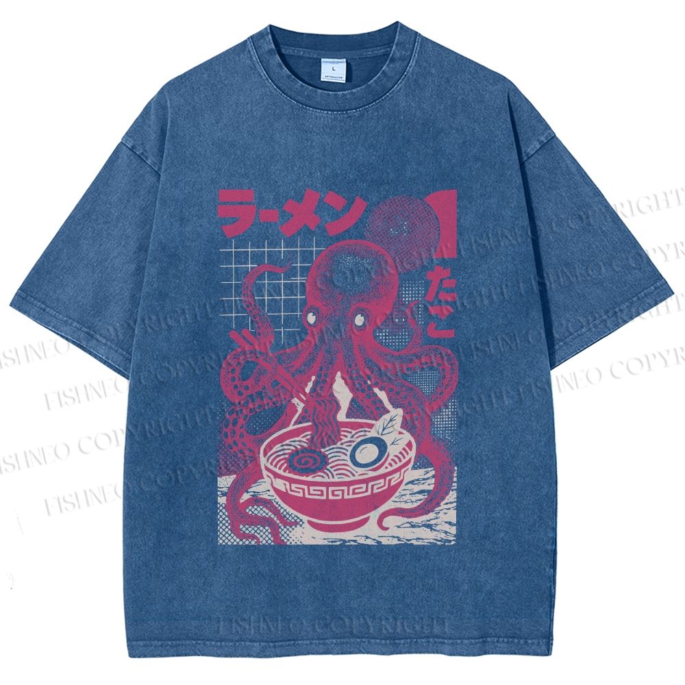 Unisex Octopus Ramen Printed Washed Tee