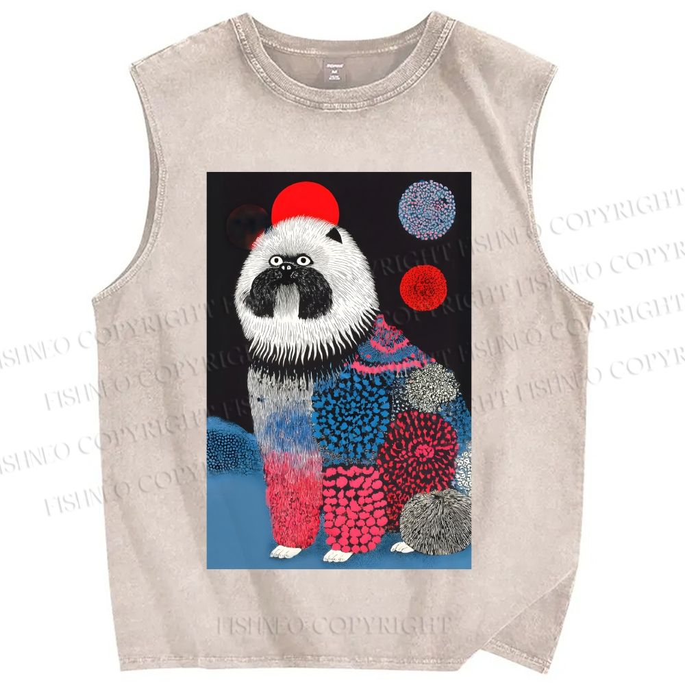 Unisex Fluffy Dog Printed Washed Tank Top