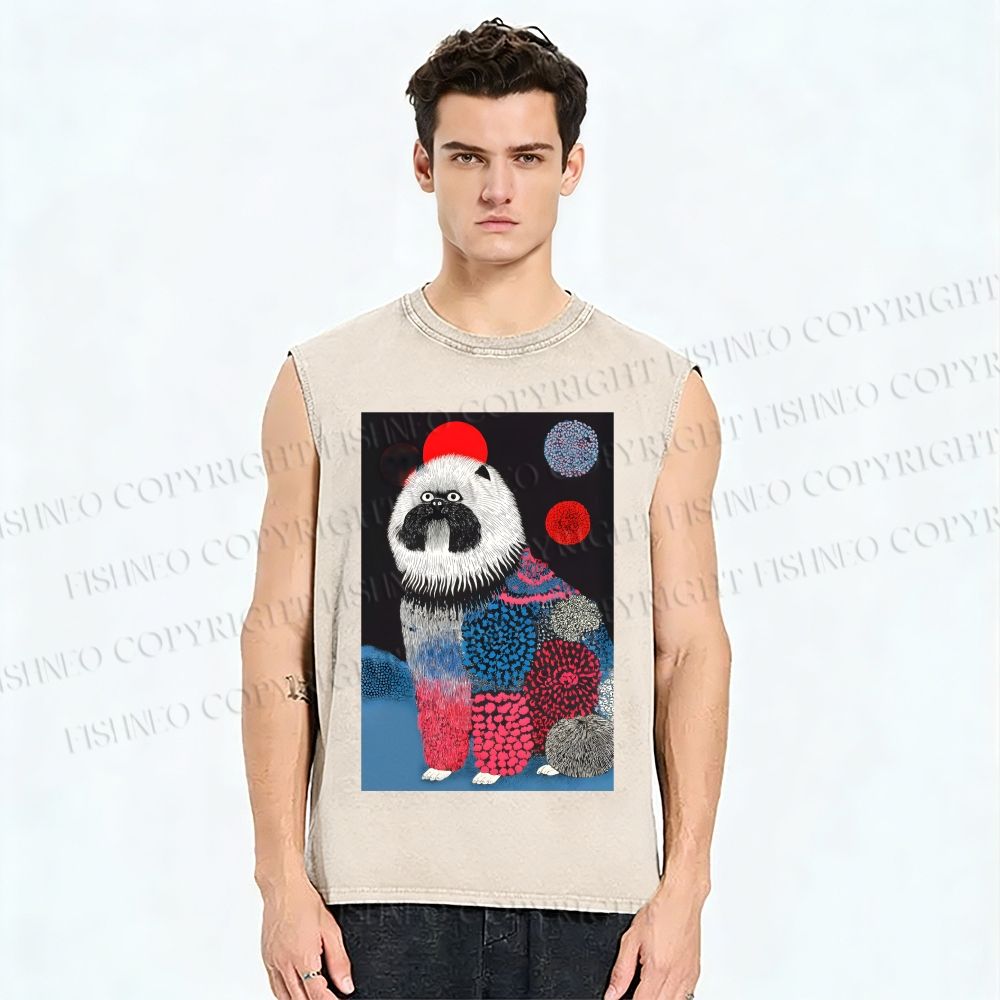 Unisex Fluffy Dog Printed Washed Tank Top