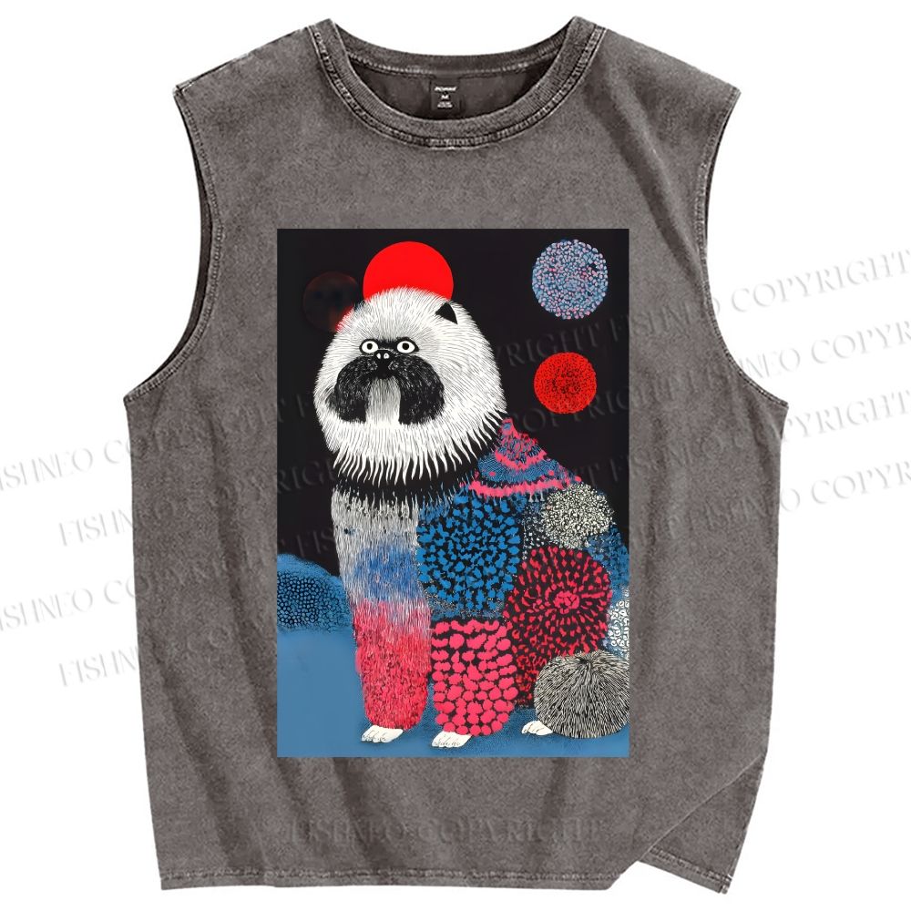 Unisex Fluffy Dog Printed Washed Tank Top