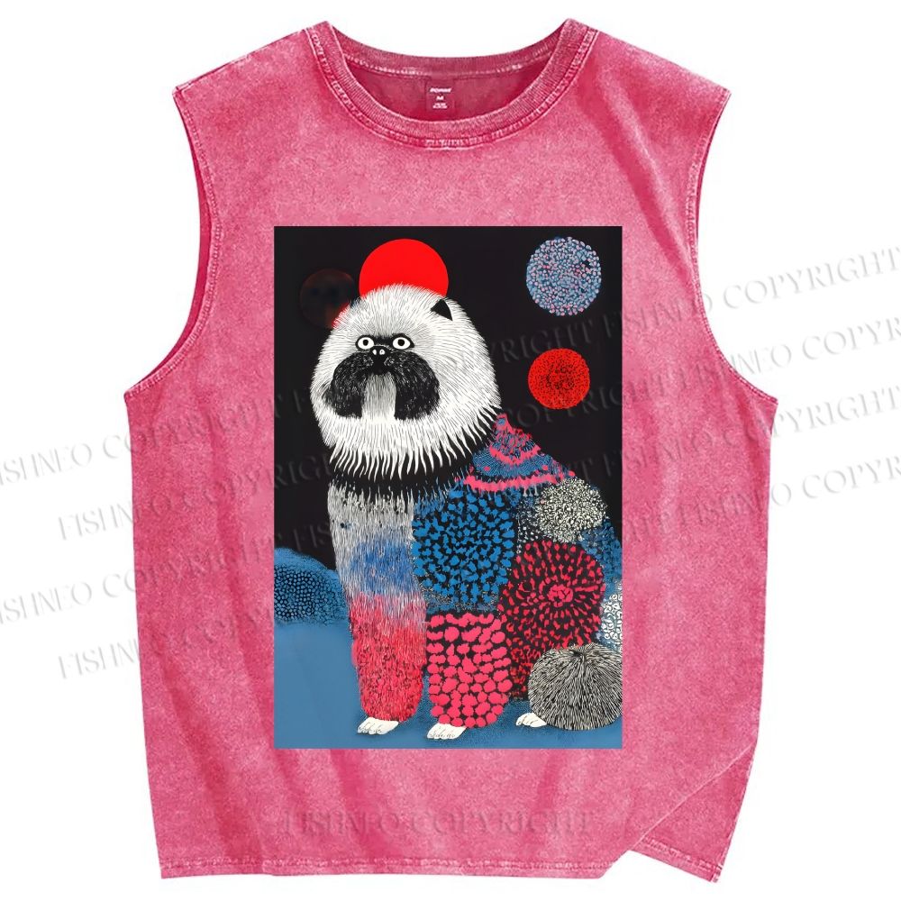 Unisex Fluffy Dog Printed Washed Tank Top