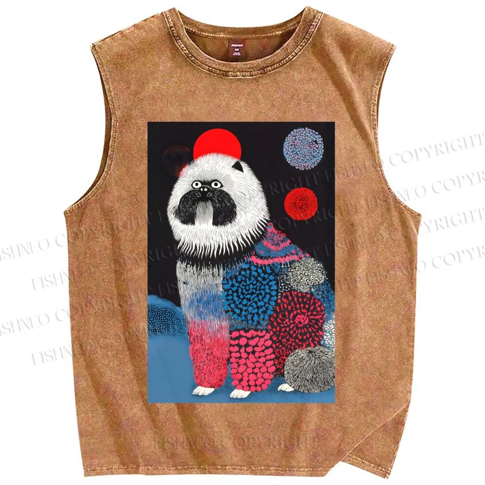 Unisex Fluffy Dog Printed Washed Tank Top