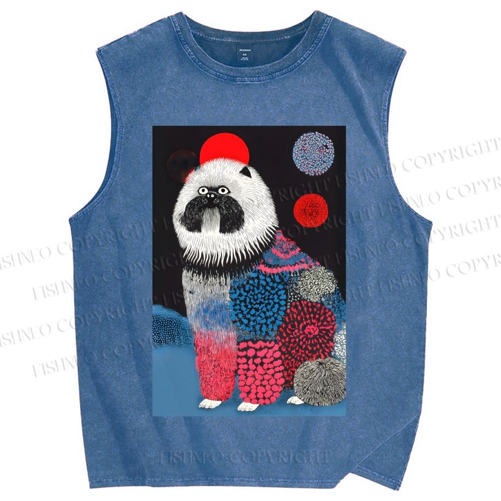 Unisex Fluffy Dog Printed Washed Tank Top