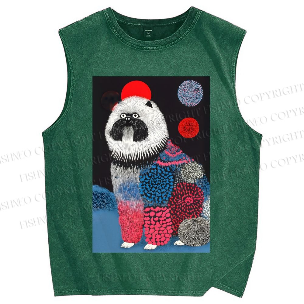 Unisex Fluffy Dog Printed Washed Tank Top
