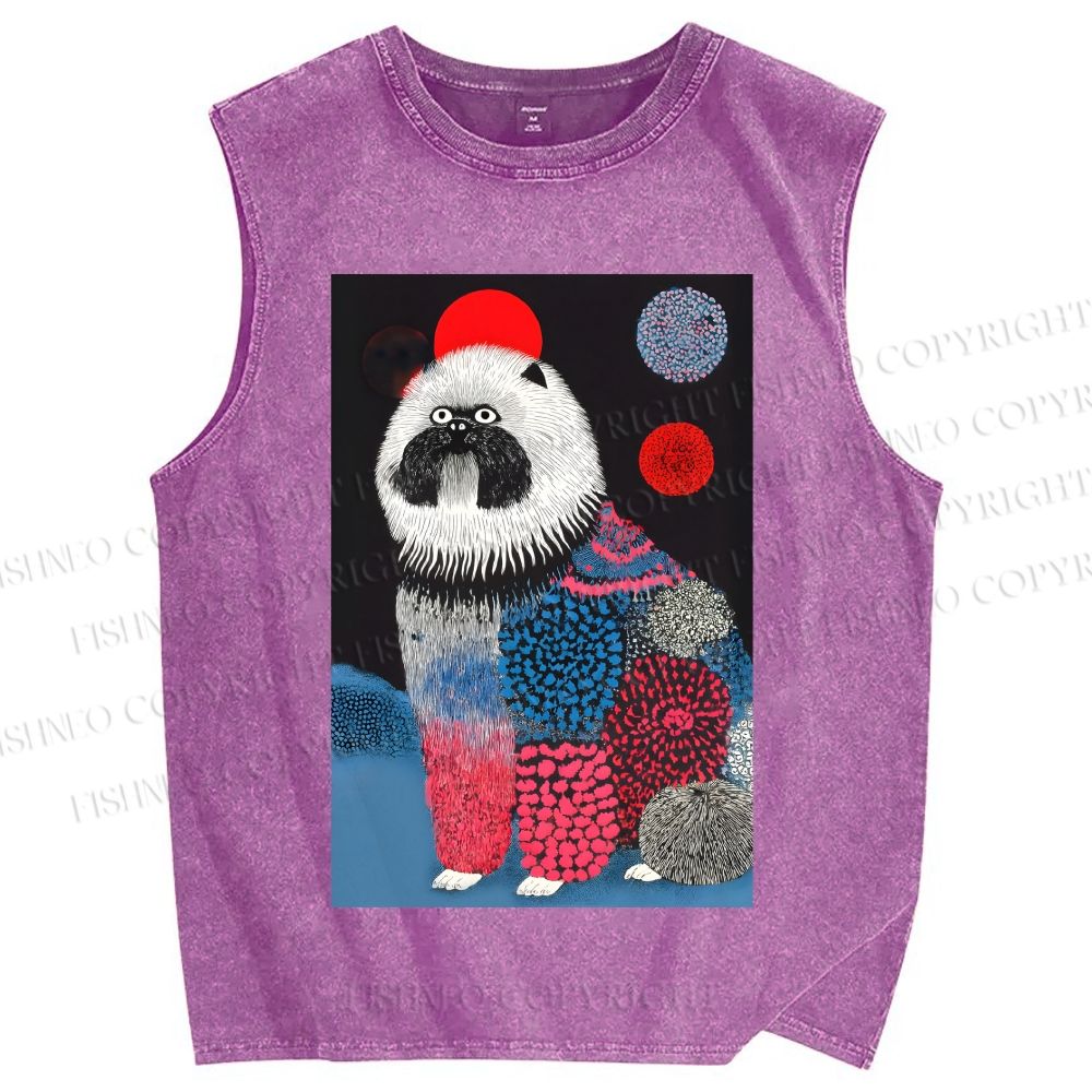 Unisex Fluffy Dog Printed Washed Tank Top
