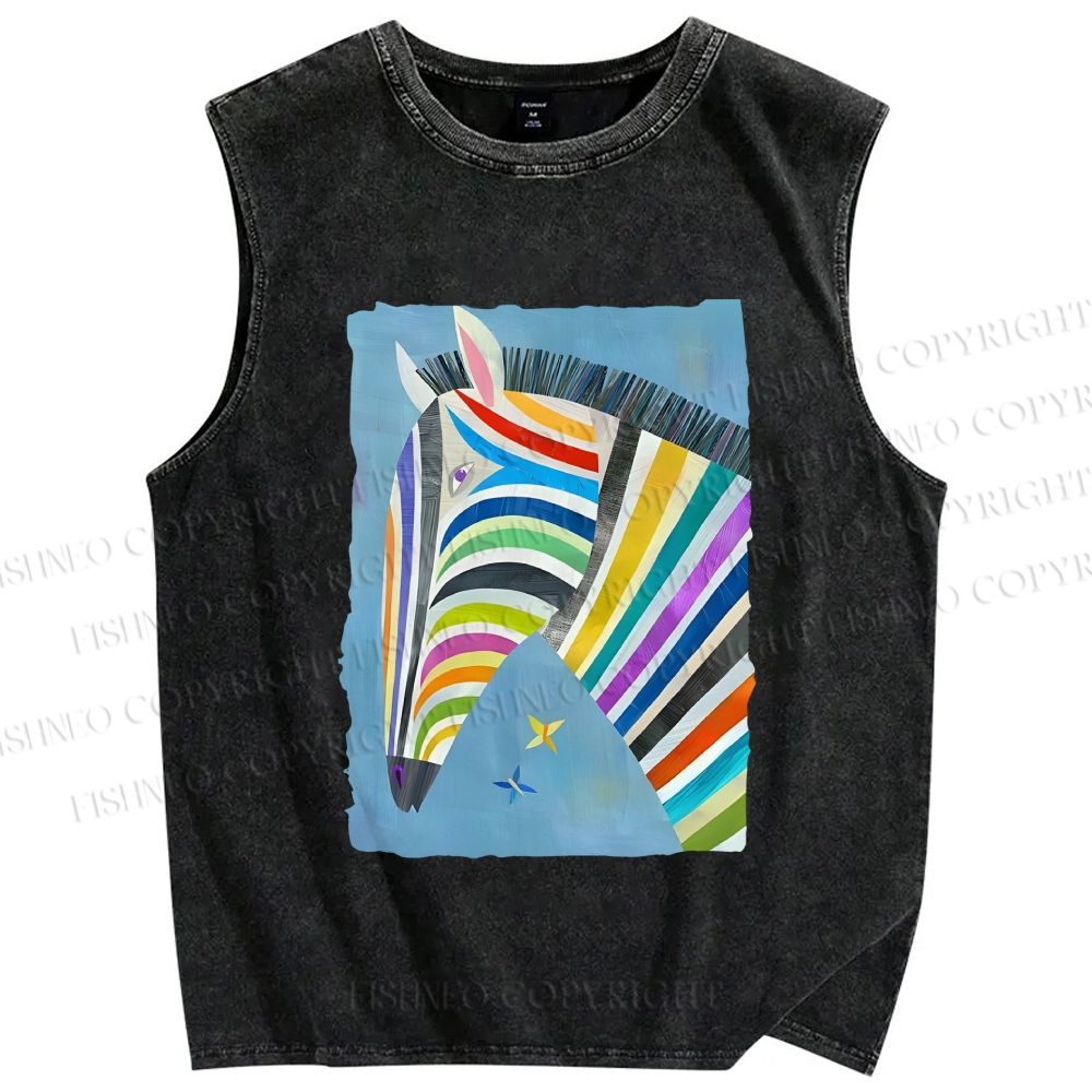Unisex Multicolor Zebra Printed Washed Tank Top
