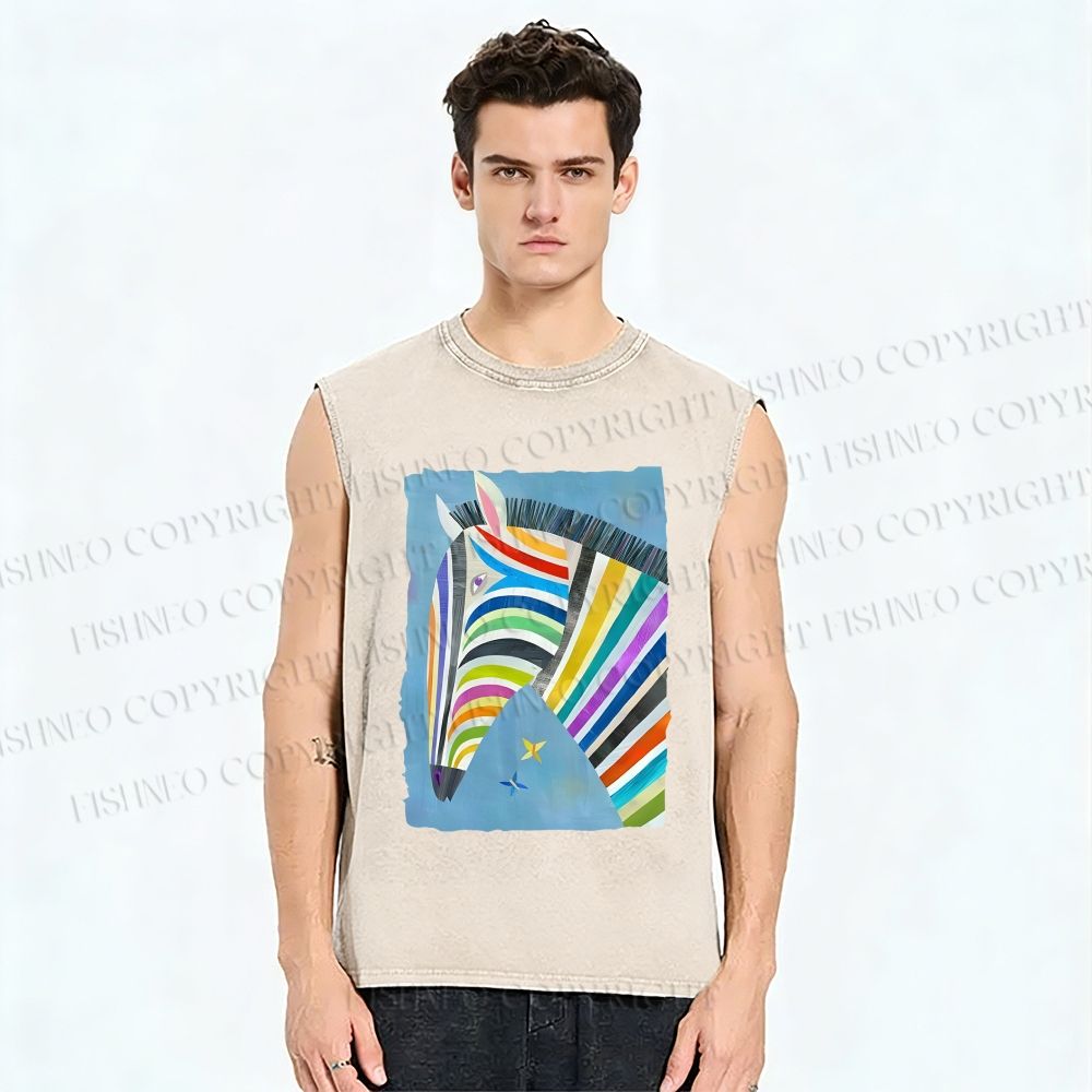 Unisex Multicolor Zebra Printed Washed Tank Top