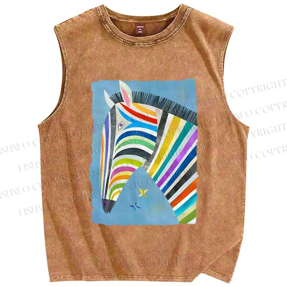 Unisex Multicolor Zebra Printed Washed Tank Top