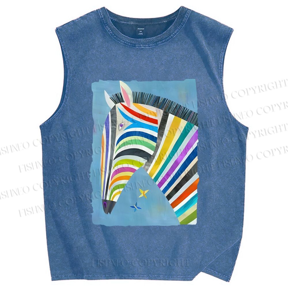 Unisex Multicolor Zebra Printed Washed Tank Top