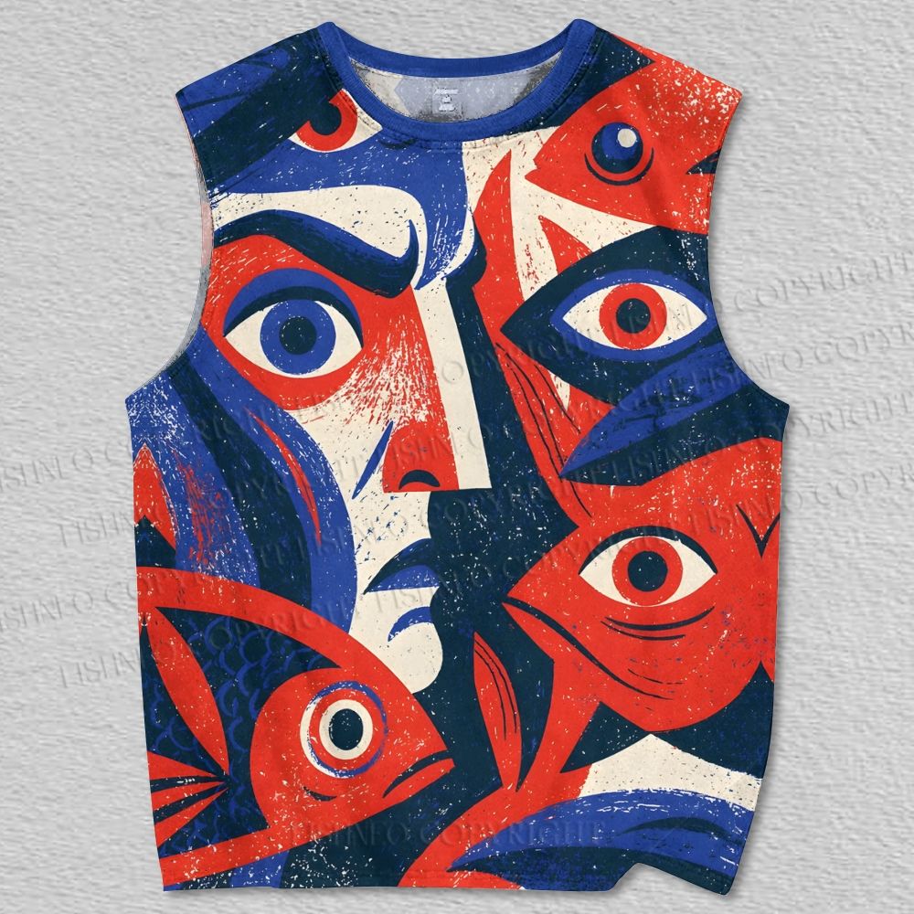 Unisex Man With Fish Abstract Art Printed Tank Top