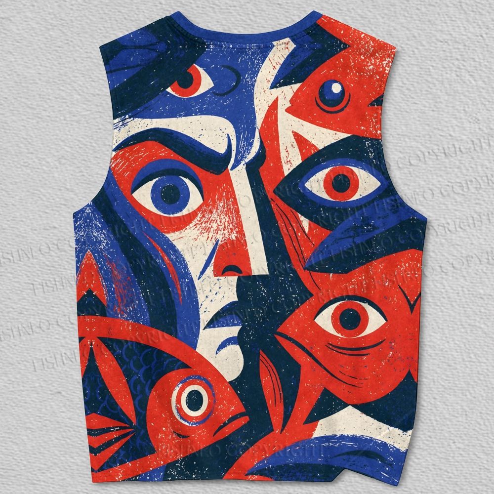 Unisex Man With Fish Abstract Art Printed Tank Top