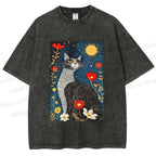 Unisex Cat in Night Garden Printed Washed Tee