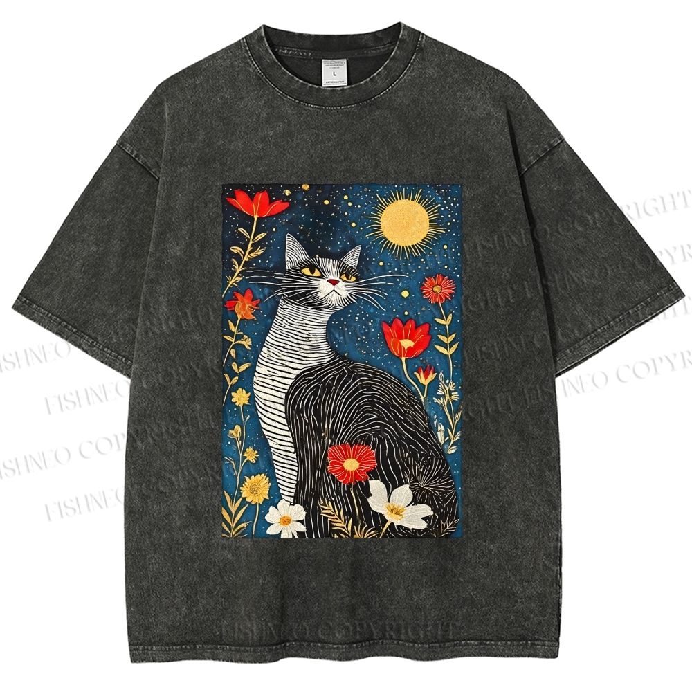 Unisex Cat in Night Garden Printed Washed Tee