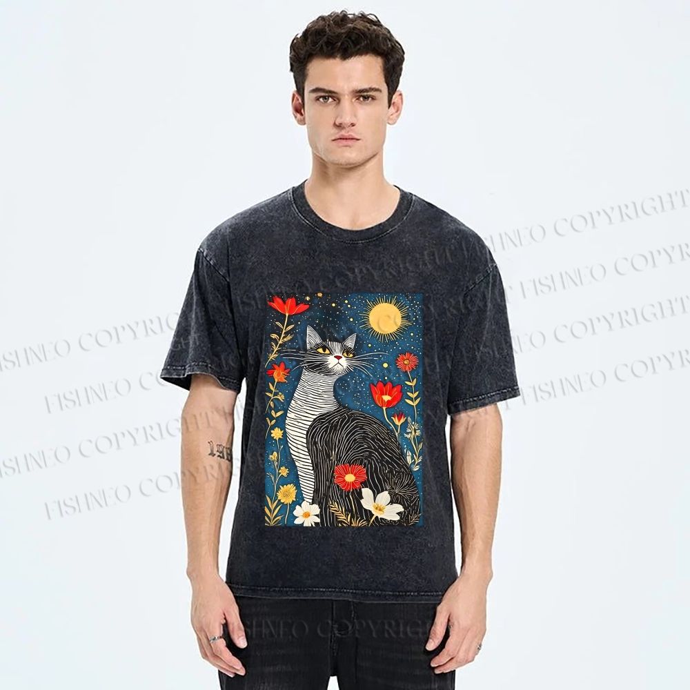 Unisex Cat in Night Garden Printed Washed Tee