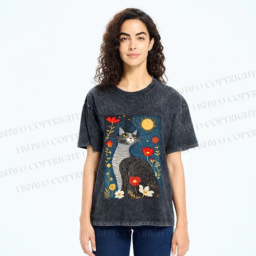 Unisex Cat in Night Garden Printed Washed Tee