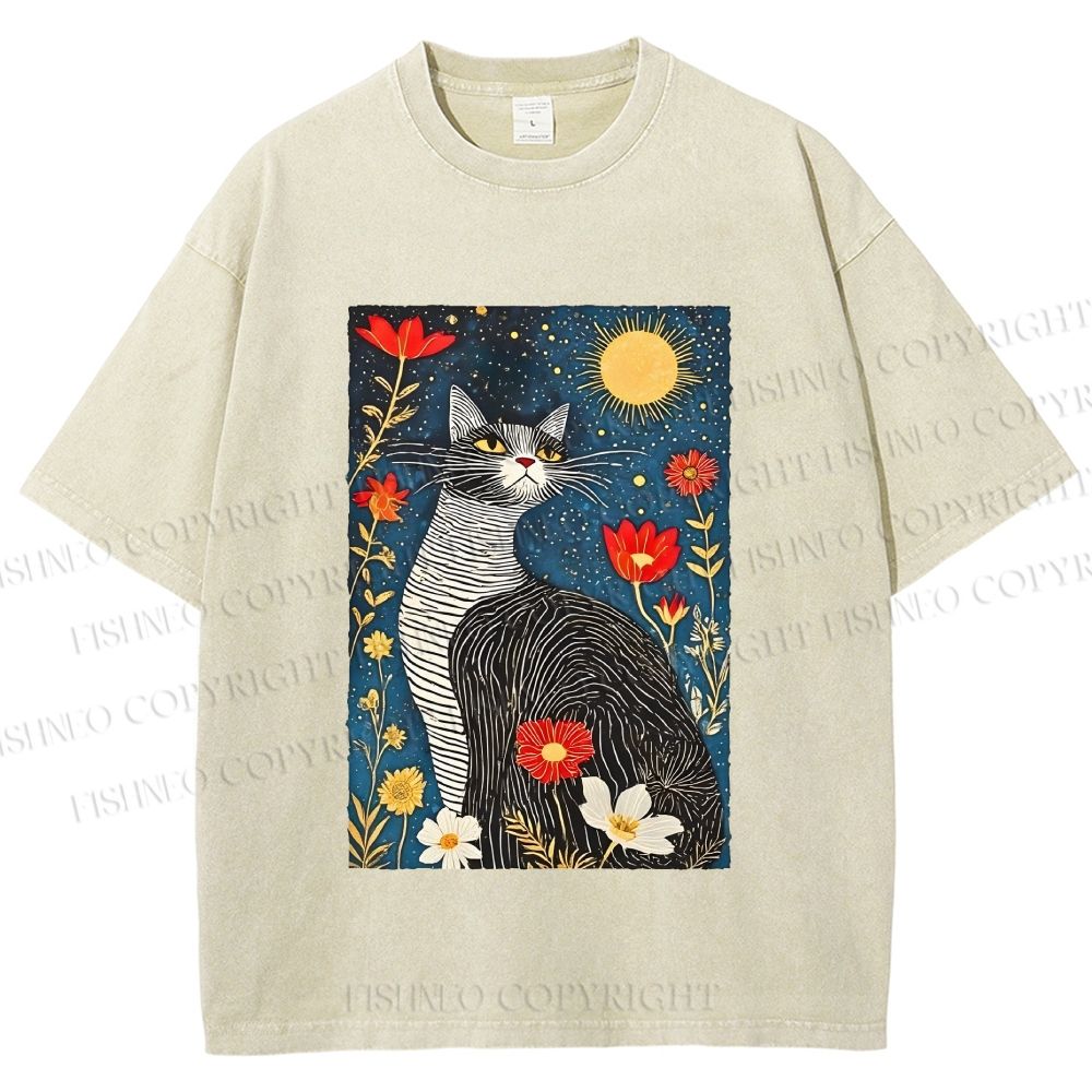 Unisex Cat in Night Garden Printed Washed Tee