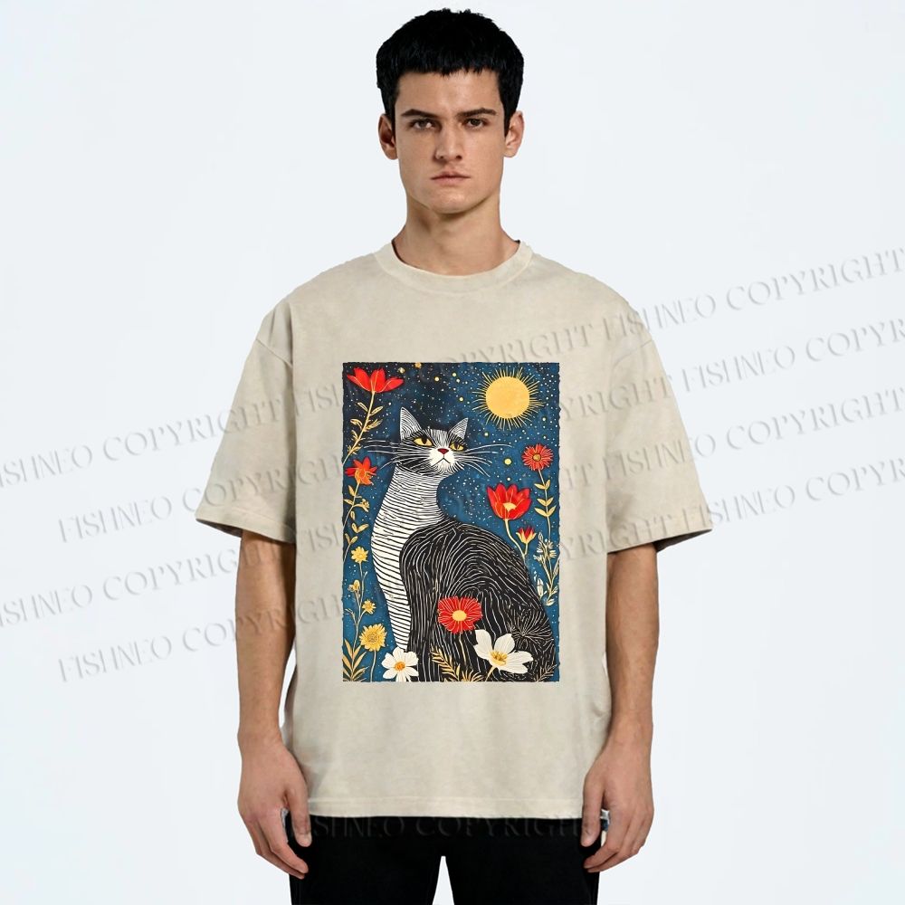 Unisex Cat in Night Garden Printed Washed Tee